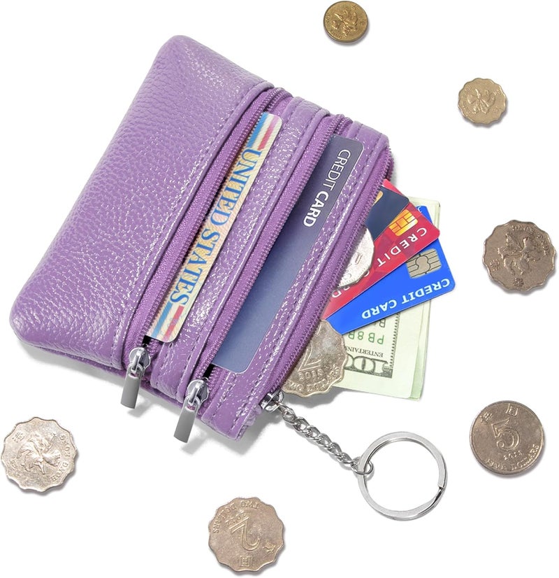 Chelmon 2 Pack Coin Purse Pouch Change Card Holder Small Wallet with Keychain for Women and Men (Light Purple & Light Purple) - Image 2